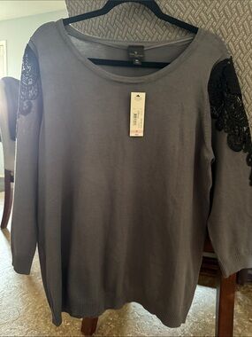 Worthington  Gray and black Crewneck Sweater with Black Lace Shoulder Detail